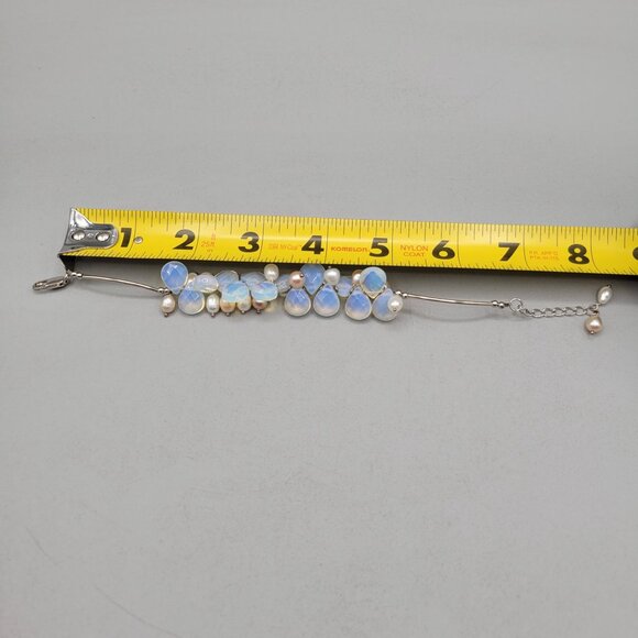 Opalescent Beaded Bracelet Acrylic Faceted with Faux Pearls Silver Tone Chain - Picture 5 of 6